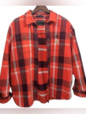 Carhartt Orange Plaid Heavy Thick Cotton Flannel Shacket Shirt Jacket Sz S 4/6